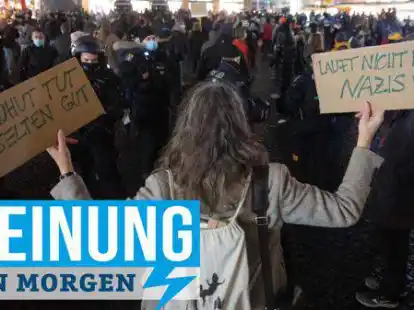 Gegendemo zu einem Protest gegen die Corona-Ma&szlig;nahmen: Die Demokraten sollten gegen &bdquo;Querdenker&ldquo; und sich radikalisierende Minderheiten Flagge zeigen, sagt unser Kommentator Patrick Marquardt. (Bildcollage)