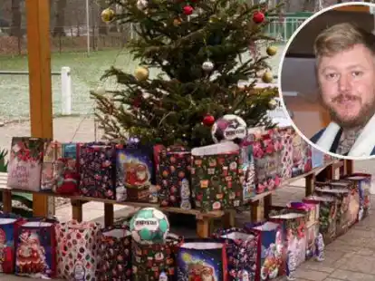 F&uuml;r Auge und Herz: Die diesj&auml;hrigen Pakete unter dem Weihnachtsbaum auf dem Sportplatz des SuS Steenfelde.