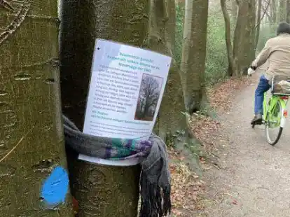 &bdquo;Baumretter gesucht! Retten wir unsere B&auml;ume vor der Motors&auml;ge der EWE!&ldquo;: Mit laminierten Zetteln will die Gruppe von &Ouml;DP, Linke und Die Partei auf die Situation aufmerksam machen.