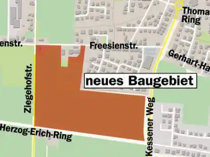 Im Bereich zwischen Herzog-Erich-Ring, Ziegelhofstra&szlig;e, Freesienstra&szlig;e und Kessener Weg entsteht ein neues Baugebiet im Cloppenburger Stadts&uuml;den.