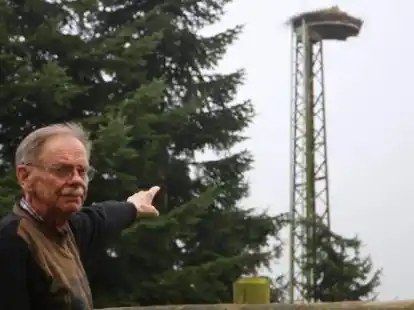 Peter Schnepper zeigt das Storchennest auf seinem Grundst&uuml;ck in Ovelg&ouml;nne. Der Landkreis Wesermarsch wollte, dass er den Mast und die Plattform abbaut. Das war ihm allerdings wegen drohender Sanktionen, die er erwartet, viel zu heikel.