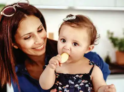 <p>Mehr ein Knabbern und Ausprobieren als echtes Essen: Babys erhalten nach einigen Monaten zur Milch die erste Beikost.  Das Konzept &bdquo;Baby-led Weaning&ldquo; ist nicht unumstritten. </p>