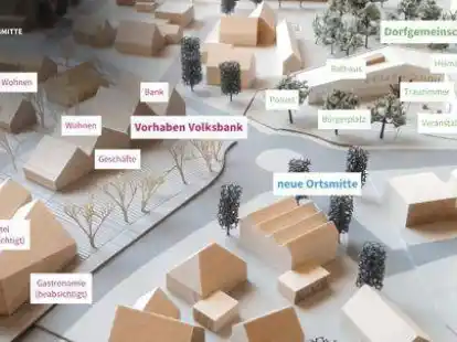 So sah der Siegerentwurf f&uuml;r die neue Ortsmitte in Cappeln aus. Das Dorfgemeinschaftshaus/Rathaus ist mittlerweile verkleinert worden.