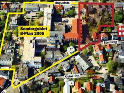 Das gelb umrandete Sondergebiet wurde 2005 auf Dr&auml;ngen der Nachbarn ausgewiesen, nun soll es aber um den rot umrandeten Bereich erweitert werden.