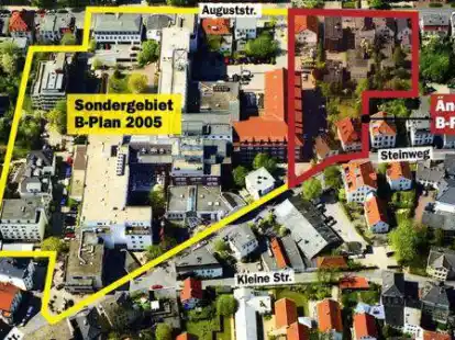 Das gelb umrandete Sondergebiet wurde 2005 auf Dr&auml;ngen der Nachbarn ausgewiesen, nun soll es aber um den rot umrandeten Bereich erweitert werden.