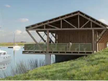 Mit diesem Geb&auml;ude will der Yachtclub zuk&uuml;nftig Bootsbesitzer in Greetsiel begr&uuml;&szlig;en. Ob die Holzoptik so bleibt oder durch Stahl ersetzt wird, ist zurzeit noch offen.