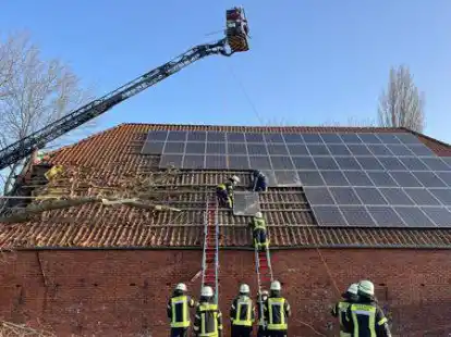 Die Feuerwehr beim Abbau der als brandgef&auml;hrdend eingestuften Panele der Photovoltaik auf dem Dach von Tomtes Hof.