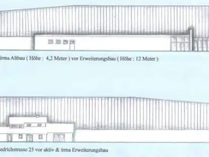 Zwei Ansichten auf den neuen Anbau an den Aktiv & Irma-Markt in Wardenburg. Obere Skizze: vorne der Altbau und hinten der Anbau. Unten: der Gr&ouml;&szlig;enunterschied zwischen dem geplanten Anbau und dem Wohnhaus Nr. 25 an der Friedrichstra&szlig;e