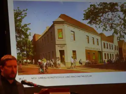 Architekt Christian Oberteicher bei der Vorstellung des geplanten Geb&auml;udes f&uuml;r die Kunstschule und das Mitmachmuseum &bdquo;miraculum&ldquo; in der Osterstra&szlig;e mit dem Caf&eacute;.