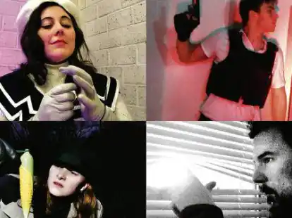 Versuchen mit den Zuschauern, einen Maulwurf in den eigenen Reihen zu enttarnen (von oben links im Uhrzeigersinn): Die Agenten-Charaktere Beluga, Onyx, Denver und Roswell aus dem St&uuml;ck &bdquo;Mission O.U.T.&ldquo; vom Oldenburger Uni Theater.