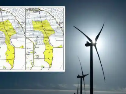 Gem&auml;&szlig; der Potenzialstudie k&ouml;nnten im 160 Hektar gro&szlig;en Suchgebiet s&uuml;dlich von Seefeld 16 bis 19 Windkraftanlagen mit einer H&ouml;he von bis 200 Meter aufgestellt werden (linker Plan). Die JWE B&uuml;rgerwindpark Schweierau&szlig;endech GmbH & Co.KG m&ouml;chte dort sieben Windr&auml;der aufstellen (rechter Plan).
