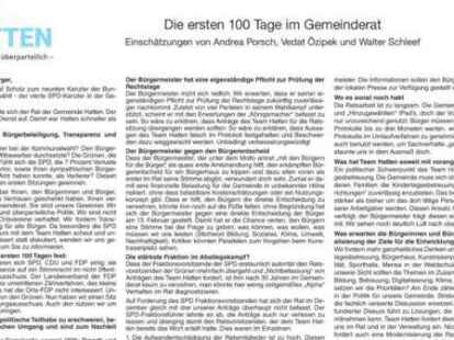 Die W&auml;hlergemeinschaft &bdquo;Team Hatten&ldquo; ver&ouml;ffentlichte ihre eigene 100-Tage-Bilanz im Gemeinderat als selbst gestaltete Anzeige.