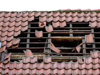 Dachdecker im Kreis Oldenburg sichern vor dem n&auml;chsten Orkan ihre Baustellen - damit so etwas nicht passiert. Friso Gentsch/dpa