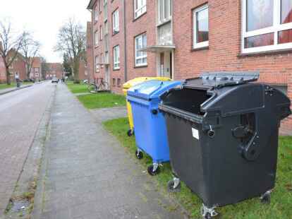 Am Dienstagnachmittag wurden auf beiden Seiten der Friedrich-R&uuml;ckert-Stra&szlig;e neue gro&szlig;e M&uuml;lltonnen aufgestellt &ndash; prompt &ouml;ffnete der Wind die Klappen. Jedermann kann hier M&uuml;ll einwerfen. Vorgesehen war eigentlich ein anderer Standort.