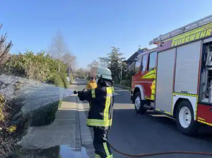 Der Brand ist gel&ouml;scht. Ein Feuerwehrmann w&auml;ssert die Hecke, um etwaige Glutnester zu ersticken.