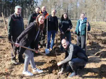 Das Wildeshauser Unternehmen Team Iken sponsert 1000 B&auml;ume im H&ouml;lscherholz. Vorne: Heike D&ouml;rge und Patrick Diekh&ouml;fer (beide Team Iken) setzen eine Esskastanie in den Boden. Dahinter (von links): Revierf&ouml;rster Eberhard Guba, stv. Forstamtsleiter Philipp Verpoorten, Forstamts-Mitarbeiter Johannes Sch&uuml;tte, Firmenchef Stefan Iken sowie Peter Sperling und Lea Br&uuml;ntjen