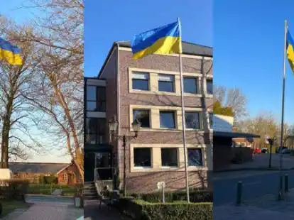 Vor allen drei Rath&auml;usern im Rheiderland wehen Ukraine-Flaggen.