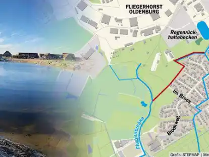 Ein neues Regenr&uuml;ckhaltebecken (links) ist fertig, ein neuer Wasserzug (rot) auf dem ehemaligen Fliegerhorst ist geplant.