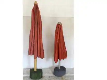 Bildhauer Georg Janthur erschafft mit Kettens&auml;ge und Farbe aus mehreren Baumst&auml;mmen die Illusion von zusammengefalteten Sonnenschirmen.