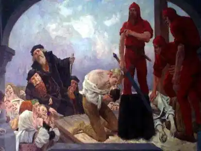 Das Gem&auml;lde &bdquo;Der Bruderkuss&ldquo; zeigt die Hinrichtung der friesischen H&auml;uptlingss&ouml;hne Gerold und Dude.