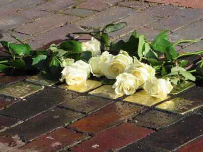Viele Steine &ndash; viele Rosen: Gedenken an acht Mitglieder der j&uuml;dischen Familie Hartogsohn in der Okko-tom-Brook-Stra&szlig;e.