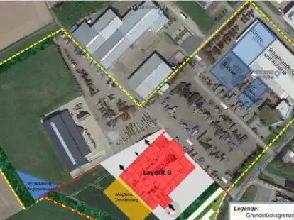 Luftbild vom Firmengel&auml;nde des Unternehmens Hydrotec Technologies an der D&uuml;ngstruper Stra&szlig;e in Wildeshausen. Eine Eisengie&szlig;erei (rot) soll hinzukommen.