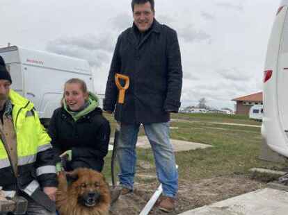 Schon fast alle Fliesen verlegt (von links): Thomas &bdquo;Peppi&ldquo; Klusen, Julia Stuwe, Marc Stuwe und Hund Patsch haben kein Problem mit dem Wind.