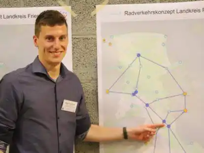 Robin Fr&ouml;mmer vom Aachener Stadt- und Verkehrsplanungsb&uuml;ro Kaulen erkl&auml;rt den B&uuml;rgern im Landkreis Friesland bei einem Workshop, wie ein Fahrradkonzept zustande kommt.
