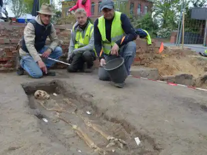 Arch&auml;ologe Dr. G&ouml;sta Ditmar-Trauth, dessen Mitarbeiter Tilman Bronner und der Cloppenburger Hobbyarch&auml;ologe Klaus Steinkamp (von links) nahmen das freigelegte Skelett - mutma&szlig;lich aus dem 10. Jahrhundert - in Augenschein.
