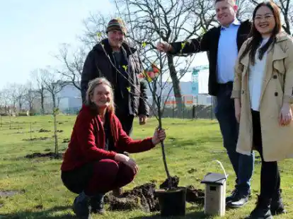 Pflanzaktion nach der Aktion &bdquo;Fasten f&uuml;r B&auml;ume&ldquo; in Aurich mit (v.l.) Heidrun Weber und Gerrit Pohl mit Helmut Gerken und Mai Linh Nguyen von Enercon.