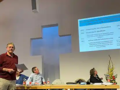 Erl&auml;utert den Sanierungsplan: Technik-Chef Peter Kurzak. Am Vorstandstisch von links Vize Holger Kummer, verdeckt Elke Fehren-Schmitz, Marketingleiter Frank Feilscher und die Vorsitzende Gudrun Sch&ouml;ttes.