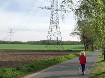 Blick auf die bestehende Stromtrasse von Elsfleth nach Ganderkesee, hier am Fahrener Weg, zum Umspannwerk in Schlutter. Der Neubau soll bis 2030/31 erfolgen, muss aber nicht an gleicher Stelle entstehen.