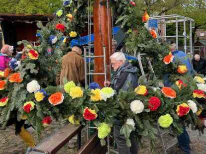 Echte Handarbeit leisteten viele Mitglieder des Leeraner Schipper Klottje, bis der diesj&auml;hrige Maibaumkranz vor der Waage hing.