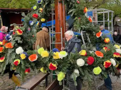 Echte Handarbeit leisteten viele Mitglieder des Leeraner Schipper Klottje, bis der diesj&auml;hrige Maibaumkranz vor der Waage hing.