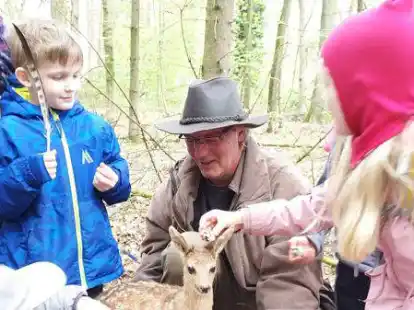 Im Wald: J&auml;ger Sascha Meyer zeigte den Vorschulkindern des Kindergartens D&uuml;nsen auch Wildtierpr&auml;parate.