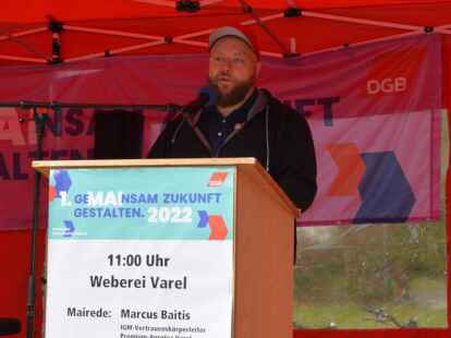 Hielt in diesem Jahr die Mairede: Marcus Baitis, IG-Metall-Vertrauensk&ouml;rperleiter bei Premium Aerotec