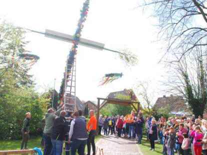 Mit vereinten Kr&auml;ften: die Sandelerm&ouml;nser halfen den Freunden aus Moorwarfen, den Maibaum aufzustellen.