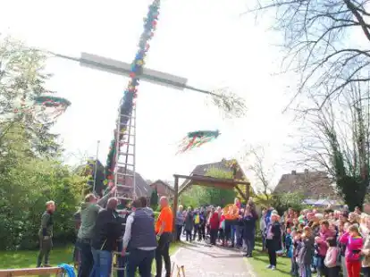 Mit vereinten Kr&auml;ften: die Sandelerm&ouml;nser halfen den Freunden aus Moorwarfen, den Maibaum aufzustellen.