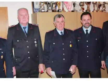 Waren bei der Jahreshauptversammlung: (von links) Gemeindebrandmeister Herwig Grotel&uuml;schen, G&uuml;nther Liebl, Gerd Hollmann, Ortsbrandmeister Tobias Hollmann und B&uuml;rgermeister Christoph Reents