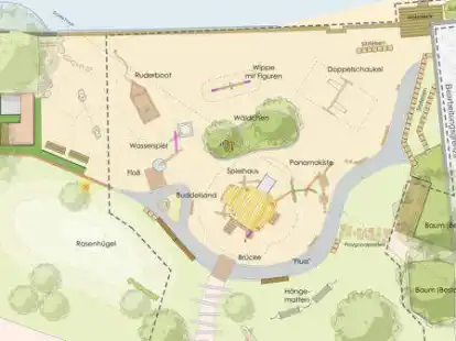 So soll es aussehen: &Uuml;ber eine kleine Br&uuml;cke geht es zum Spielplatz, in dessen Zentrum ein Spielhaus und ein W&auml;ldchen stehen.