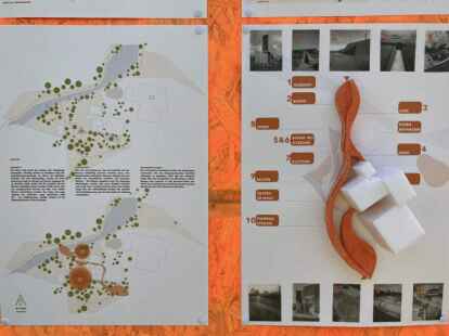 Im Entwurf von Tabita Jacobs und Sabrina Addicks orientiert sich die Gestaltung des Gel&auml;ndes an dem orangenen Weg durch das Grundst&uuml;ck.