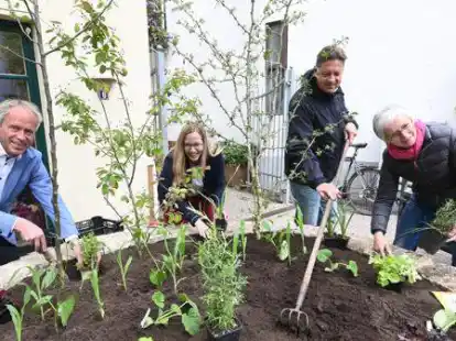 Legten Hand an zum Start der Stadtg&auml;rten: (von links) Ralph Wilken, Friederike T&ouml;belmann, Thorsten Logemann und Silke Fennemann