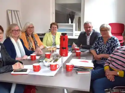 Arbeitsgespr&auml;ch mit (von links) Anke Schlingmann (AsF Kreis Leer), Hebamme Veronika Bujny, Gesine R&ouml;hr (AsF Bezirk), Hanne Modder, Sascha Laaken (beide MdL), Christiane K&ouml;ller und Frauke Maschmeyer-P&uuml;hl (beide AsF Kreis Leer).