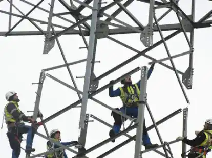 Ein neuer Strommast wird aufgebaut: Auch von Conneforde &uuml;ber Rastede und Elsfleth nach Sottrum ist eine neue Leitung geplant.