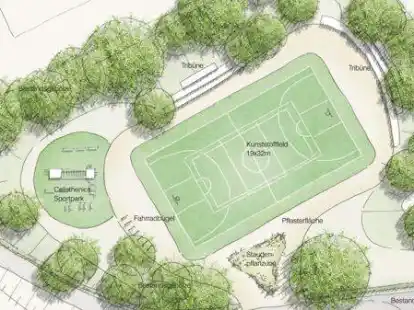 Eine Freizeitsportfl&auml;che ist hinterm Burgberg geplant: Wo sich jetzt noch der Kinderspielplatz befindet, sollen dann Gr&ouml;&szlig;ere spielen und Sport treiben.