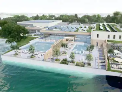 So stellt sich das Architekturb&uuml;ro  das Sport- und Gesundheitsbad am Fl&ouml;tenteich vor: Ohne Cabrio-Dach, daf&uuml;r aber mit einer PV-Anlage.