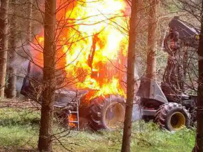 Ein Harvester ist in einem Wald an der Stra&szlig;e nahe Ahlhorn in Flammen aufgegangen.