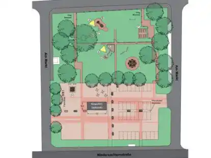 Der geplante Marktplatz in Einswarden mit Sonnensegel (A), Spielger&auml;ten f&uuml;r Kinder (B), W&uuml;rfel, Hocker und Sitzm&ouml;glichkeiten (C), Wasserspiel (D), Sandspielfl&auml;che (E), &uuml;berdachter Sitzfl&auml;che (F), Kletterw&uuml;rfel (G) und Schachbrettfl&auml;che (H).