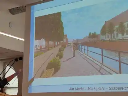 So k&ouml;nnte es zuk&uuml;nftig am Greetsieler Marktplatz aussehen, demonstriert Planerin Gabi Groffmann.
