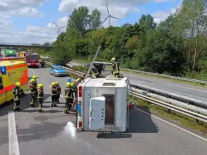 Unfall auf der Autobahn 28: Die Einsatzkr&auml;fte der Feuerwehr Altmoorhausen halfen unter anderem dabei, die noch in dem Wohnmobil gefangenen Hunde zu retten und zu versorgen.